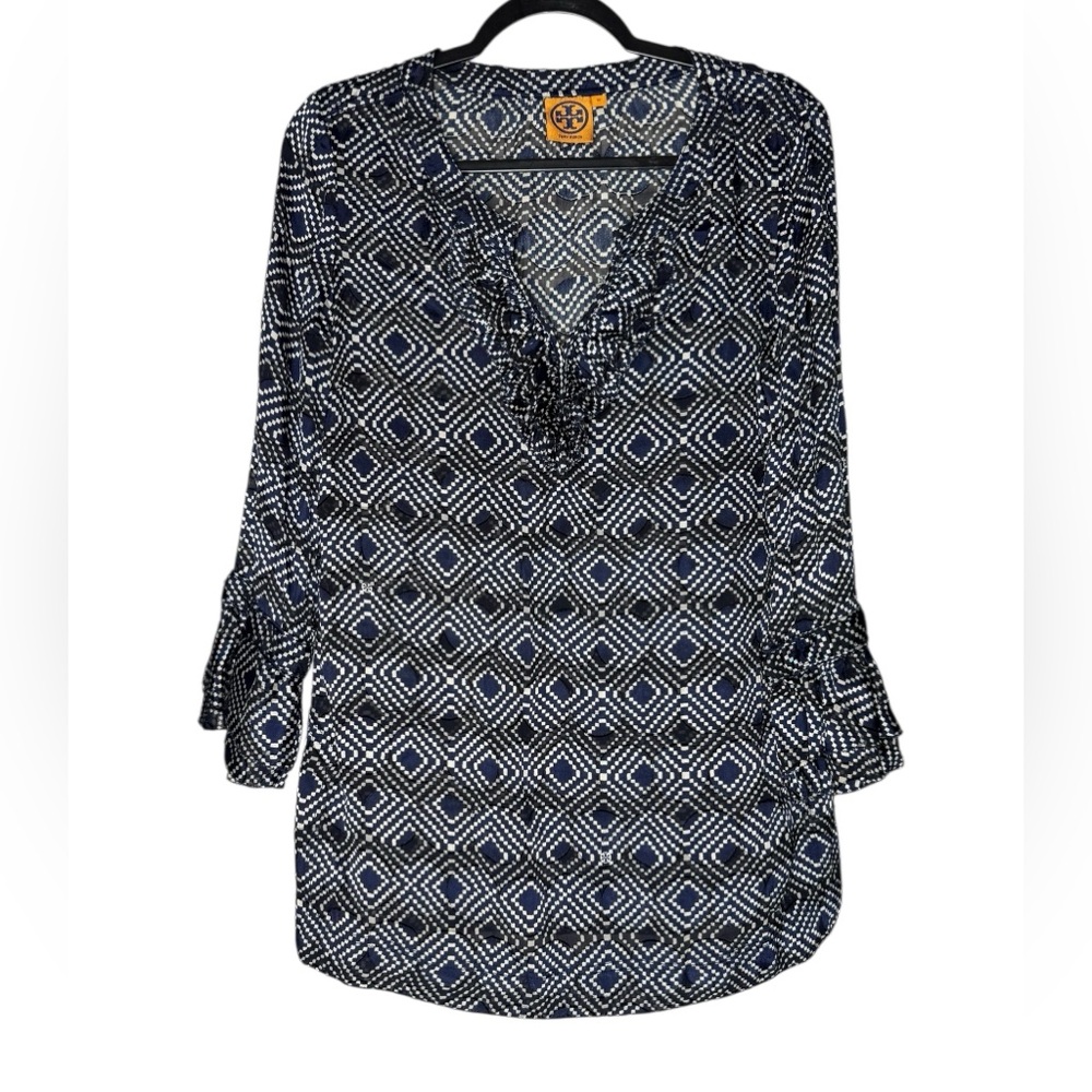 Tory Burch Silk Blend Blouse Size 10 Ruffle Neck Gwenna Normandy Blue Geo Print